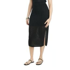 A New Day Women's Elastic Waist Pointelle Work Midi Sweater Skirt Sz M Black NWT